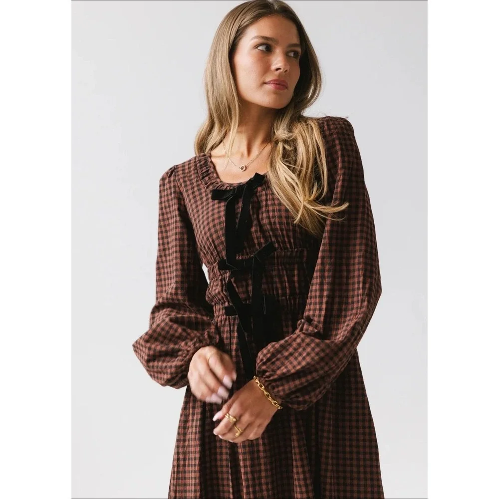 Bohme Gingham Plaid Maxi Dress Size XL Chocolate Brown Velvet Bow Peasant Boho